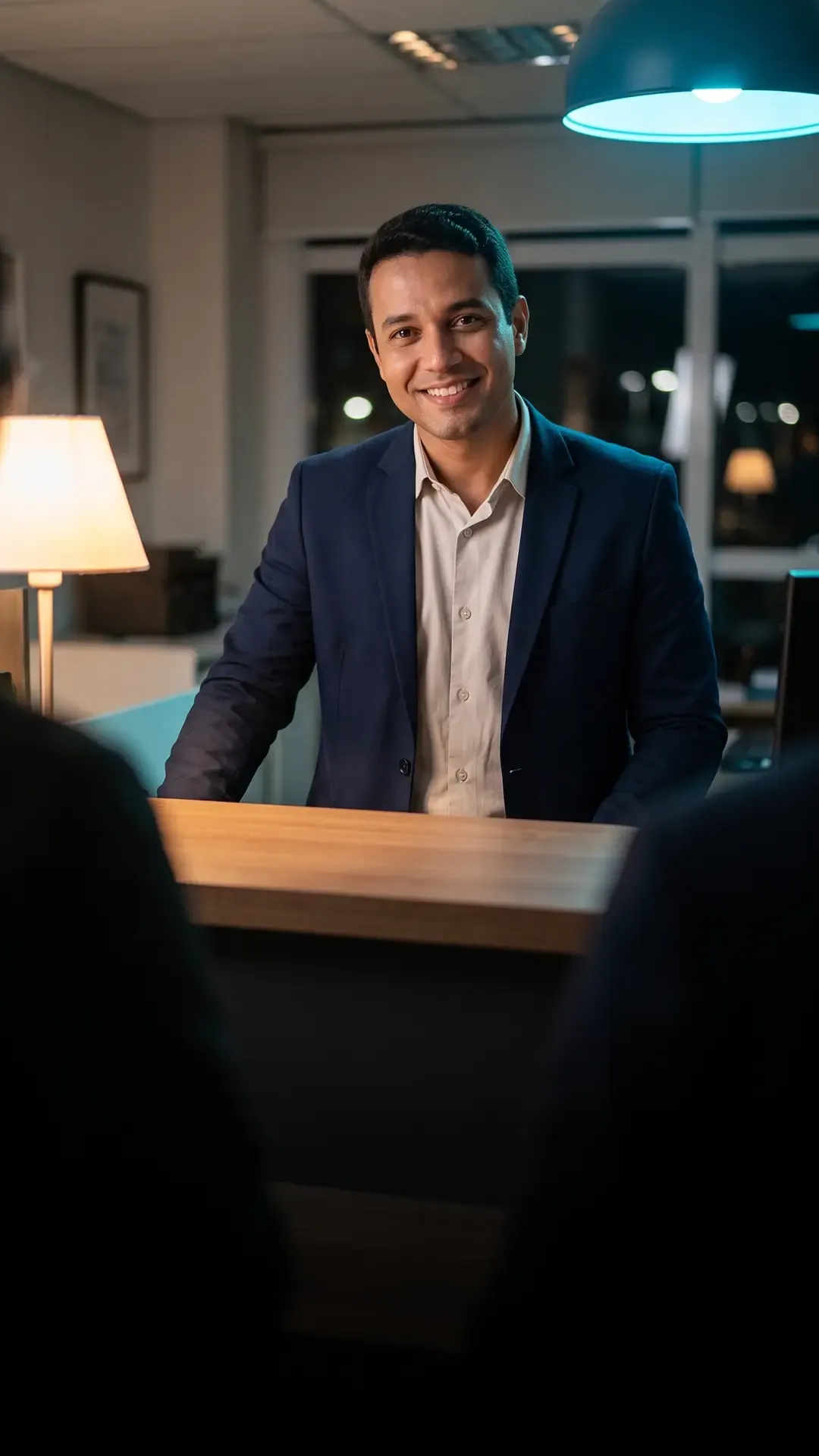 Atendente brasileiro no balcão de uma agência à noite, conversando com cliente, luz à direita.