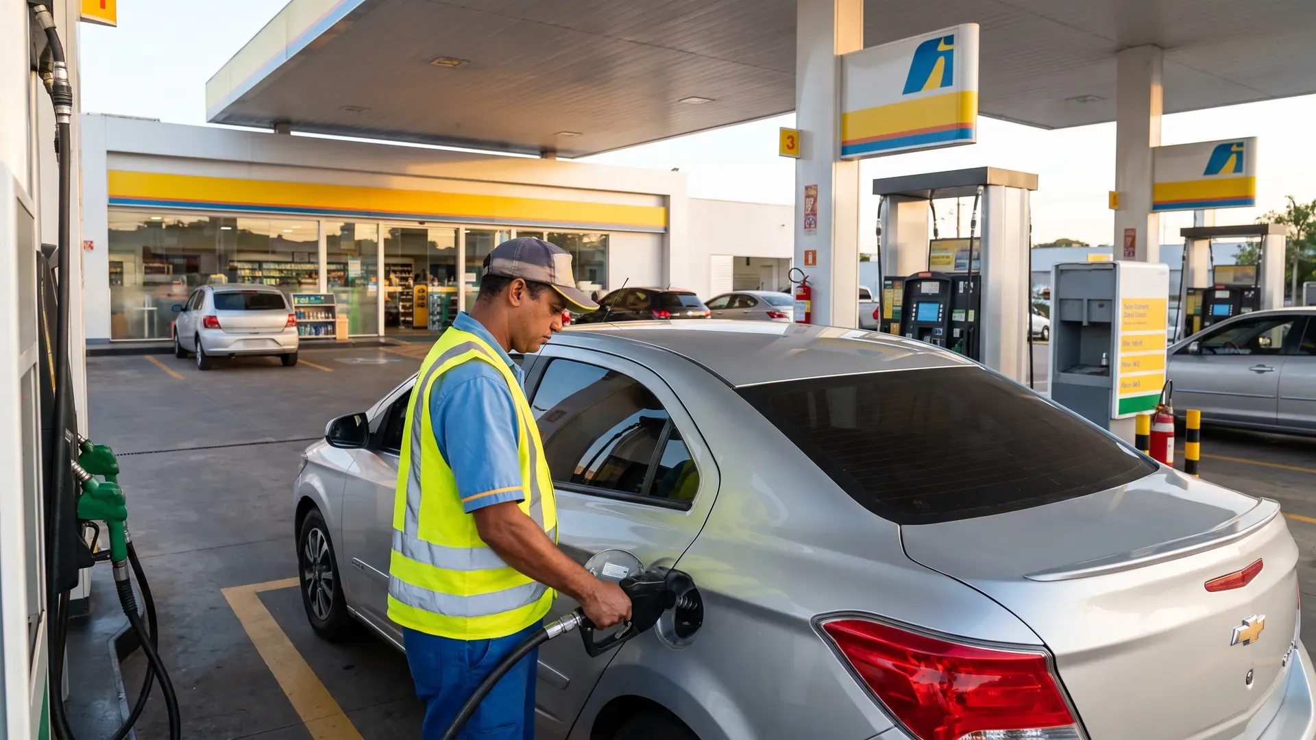 Frentista abastecendo veículo em posto de combustível