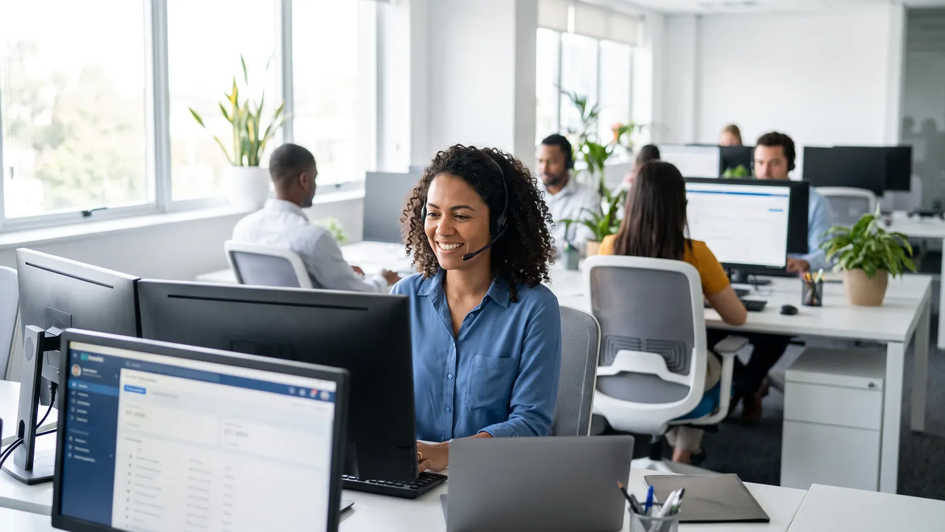 Operador de telemarketing com headset em ambiente de call center