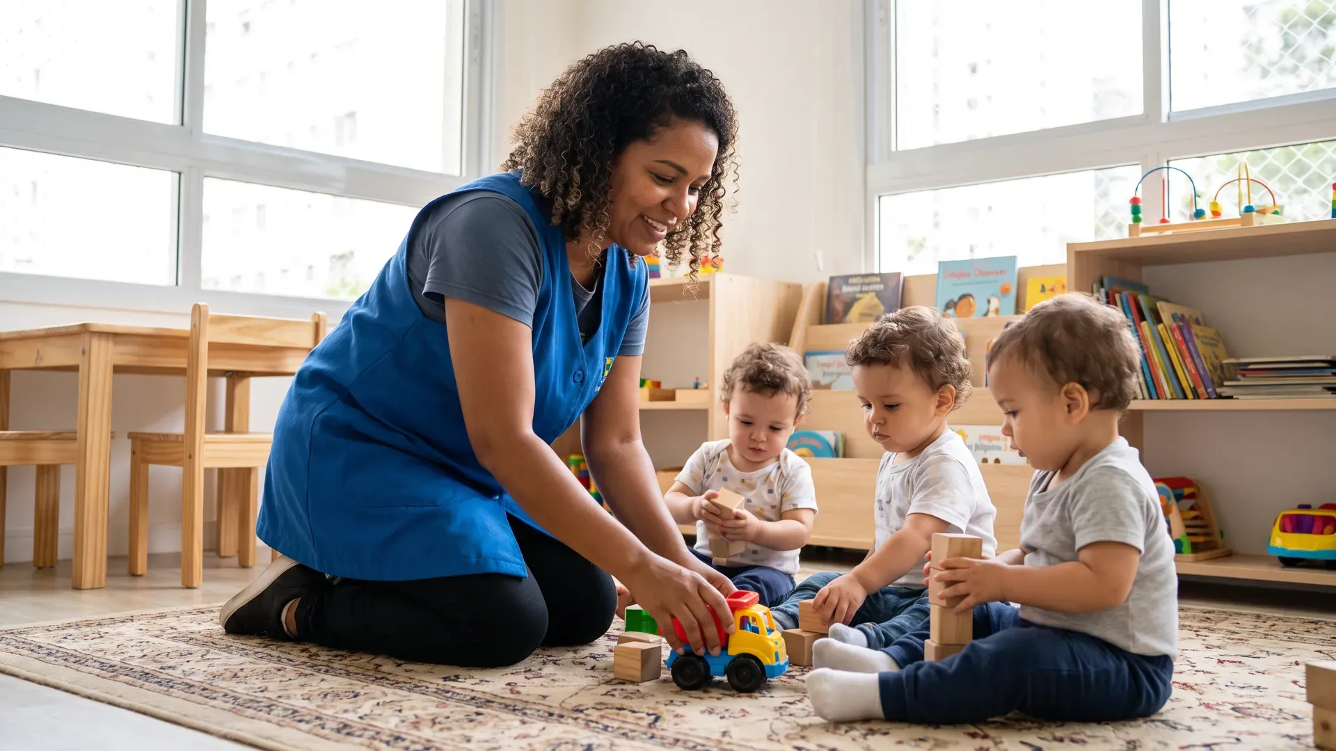 Auxiliar de educação infantil apoiando crianças em sala de aula clara