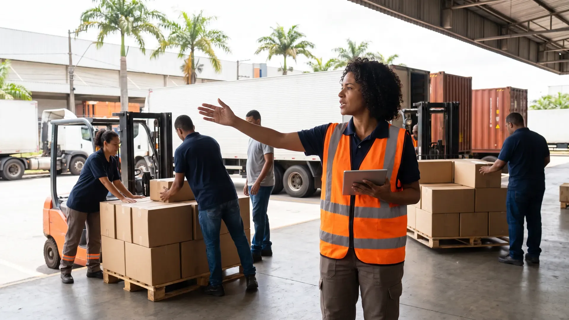 Profissional de logística organizando expedição em centro de distribuição