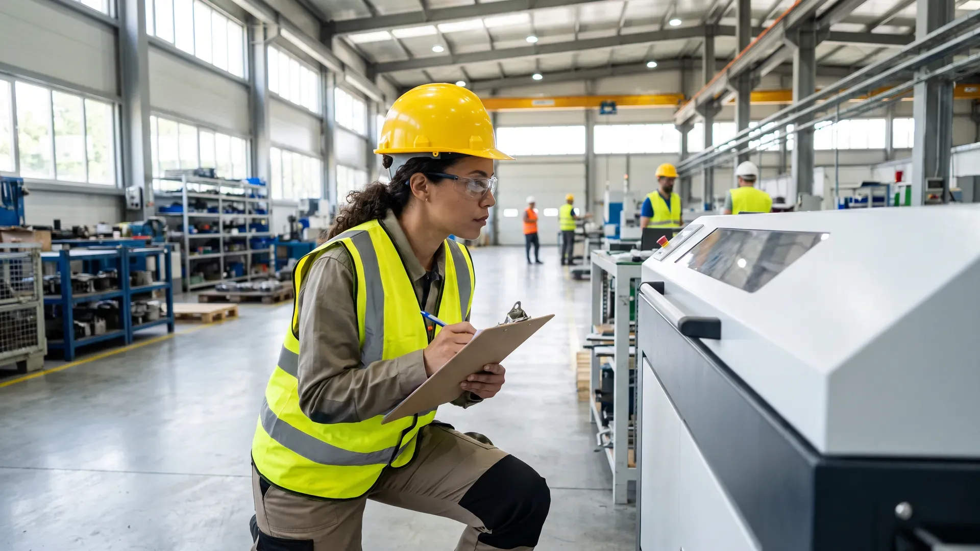 Auxiliar de segurança do trabalho com EPIs inspecionando área industrial