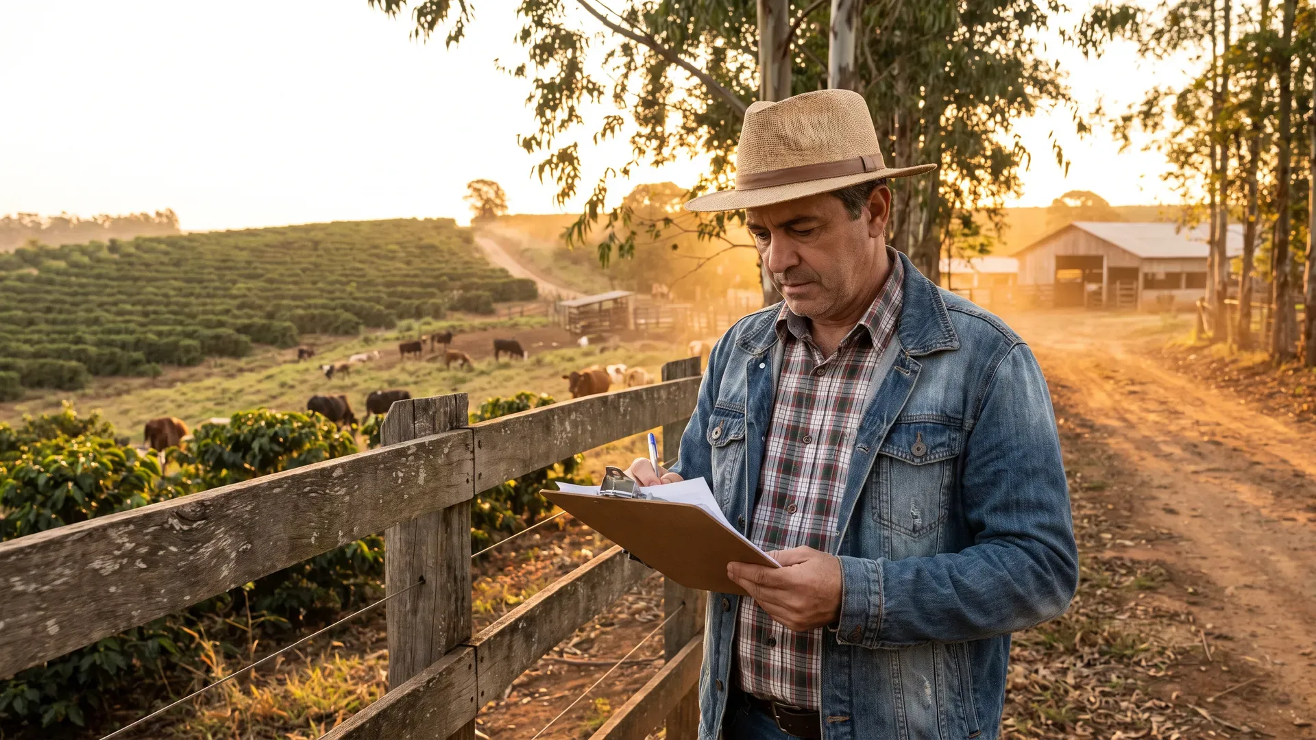 Gestor rural analisando planilha e produção em propriedade no campo