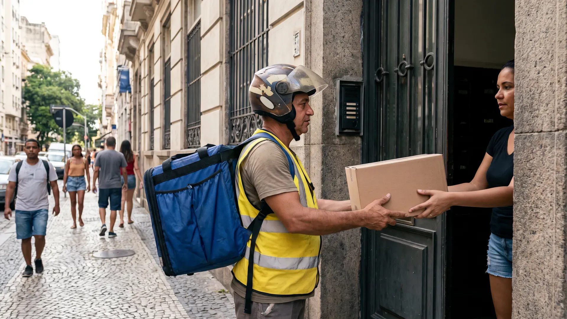 Entregador profissional com capacete entregando pacote na rua
