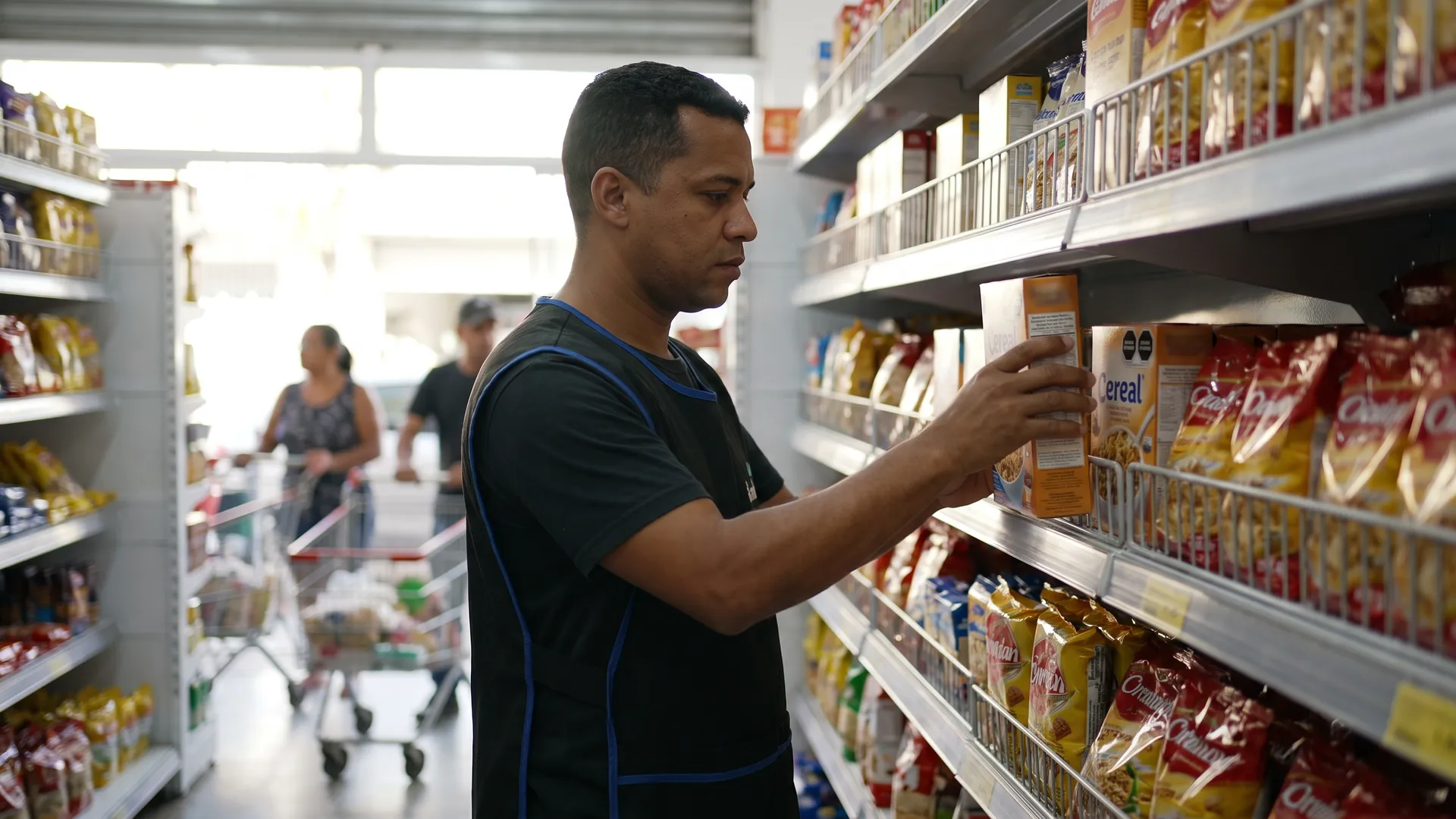 Repositor abastecendo gôndola de supermercado com caixas de mercadoria