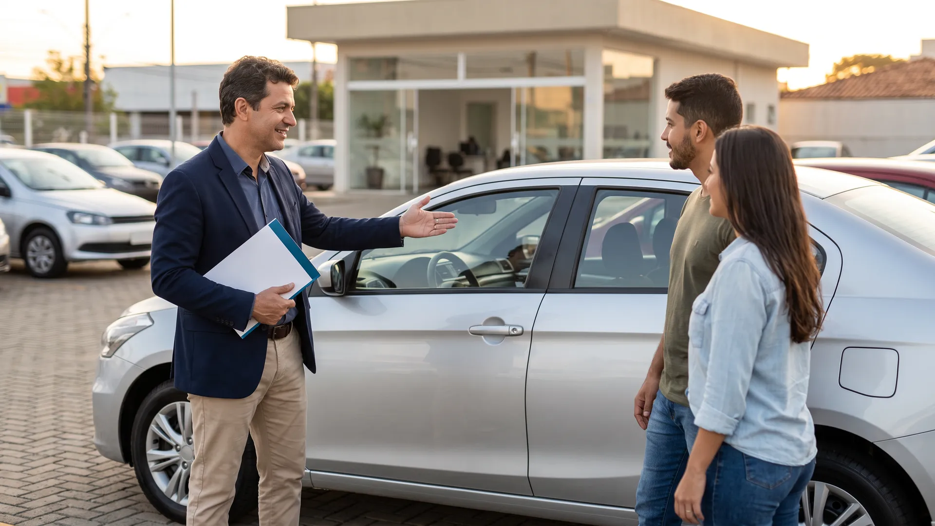 Vendedor de veículos conversando com cliente no pátio de uma concessionária